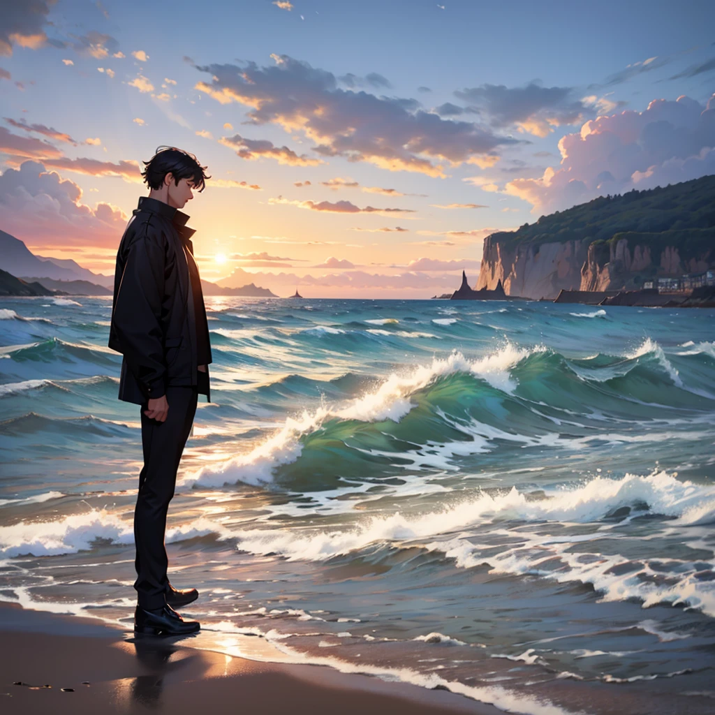 The young man is standing by the sea, looking towards the sea