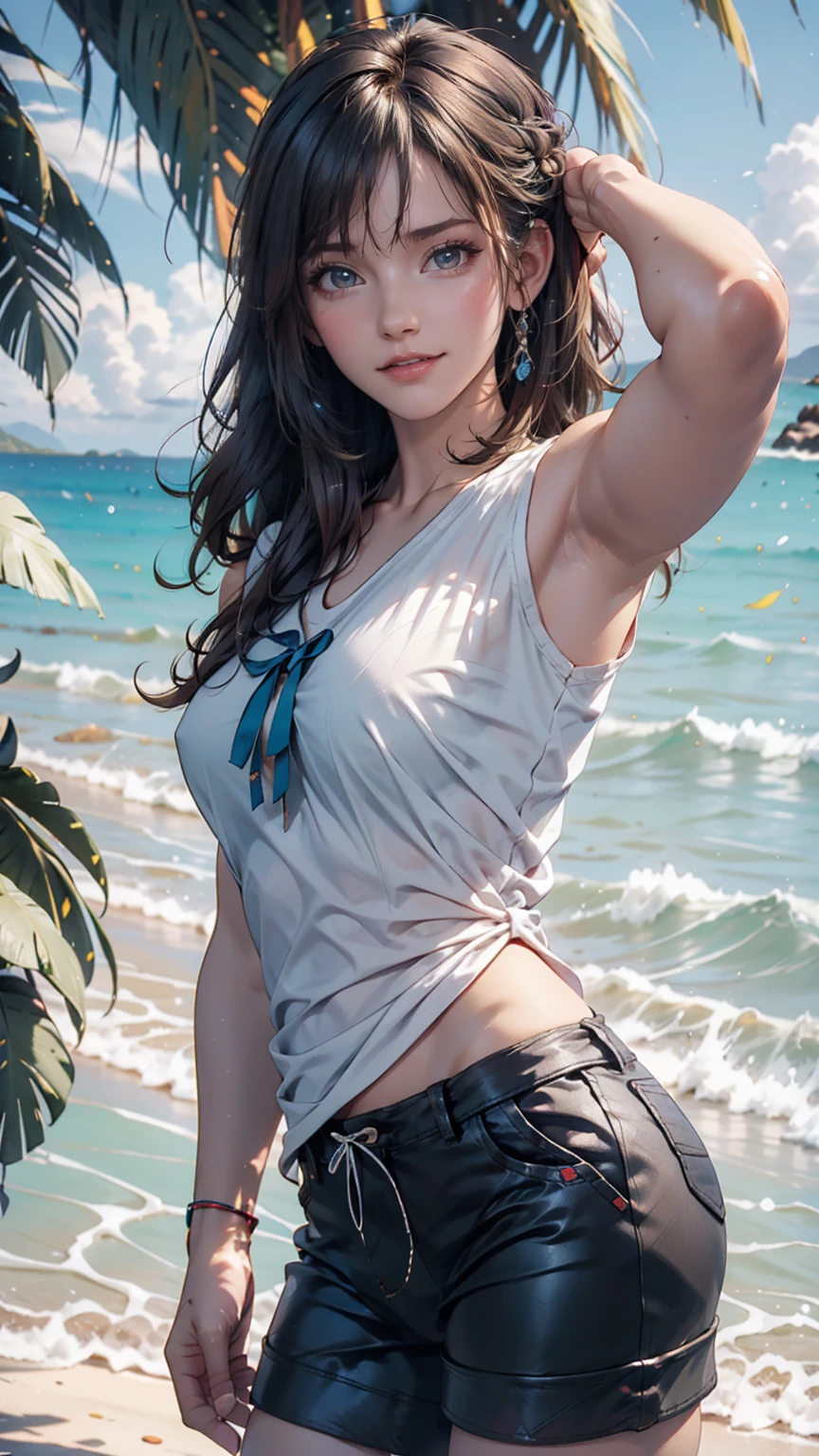 ((masutepiece)), ((Best Quality)),(photographrealistic), Beach,(beautiful japanese female), (26 years old),1womanl, (separated lips),(thick lips),(red lip),(blush),(Detailed beautiful eyes),(Big eyes),upper angle,((Pubic hair:1.2)), (full nude :1.4), (Attractive waist circumference), (Attractive thighs), (Wet skin), ((Pulled back hair)),((wide forehead)),(Wet hair), (wide-hips), Perfect limbs, (flat chest:1.5), (Abs:1.2), Black Long Hair,Straight hair, Outstanding proportions, Necklace, Accessories, (muscular:1.3), (Detailed face)
