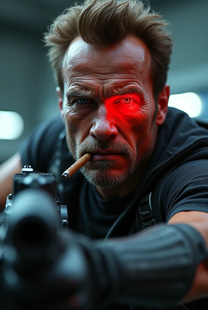 Arnold Schwarzenegger, renewed, aggressive, one eye glowing red, and half the cheeks of Terminator, unstoppable, muscular, futuristic, more realistic face, with futuristic guns, much more equal to young Arnold Schwarzenegger from Terminator 2, holding a machine gun, hyperrealistic, 8k, highly detailed, crinkles on face, portrait, cigar in mouth