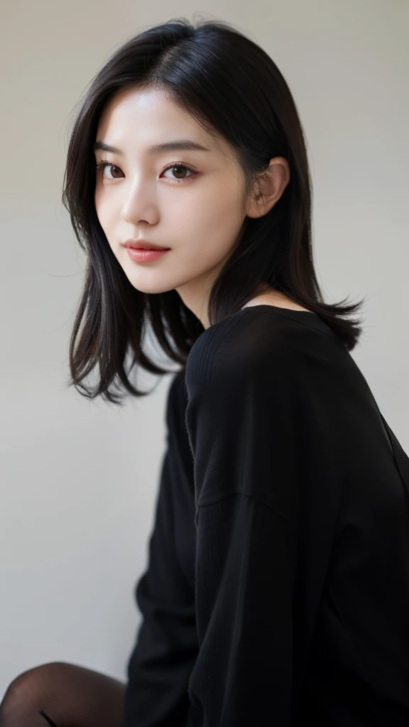 Portrait of an elegant Japanese woman in her late 30s, shoulder-length wavy black hair, large expressive brown eyes, smooth fair skin, minimal makeup, slender figure, wearing a simple yet stylish casual outfit, warm gentle smile with a hint of tiredness, urban sophisticated look, soft natural lighting, high-quality professional photograph