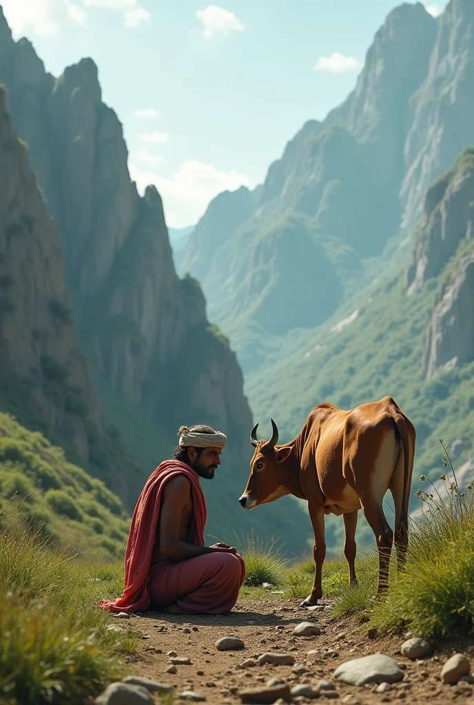 Indian man pooping in mountain ls with cow 