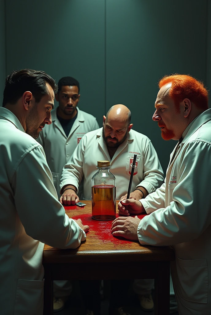 Create a Nazi villain, a scientist with cruel expressions, standing beside soldiers in a laboratory wearing a white lab coat and holding test tubes.