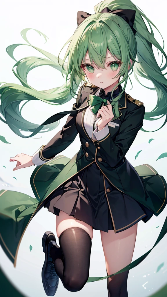 (Highest quality,Very detailed,Short),black tights,Green Hair,ponytail,cute,Green Eyes,They are wearing a black high school uniform.,Her eyes are white and shining,Her eyes are white and shining,