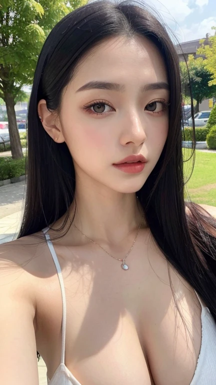 ((surreal、Super detailed image, maybe a photo.,Captures the details of the skin texture of an incredibly beautiful woman..))long straight black hair。outdoors, cleavage