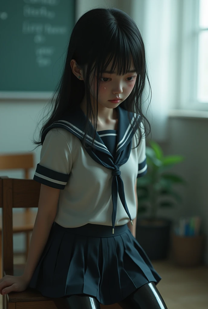 Cry school girl in latex leggings 
