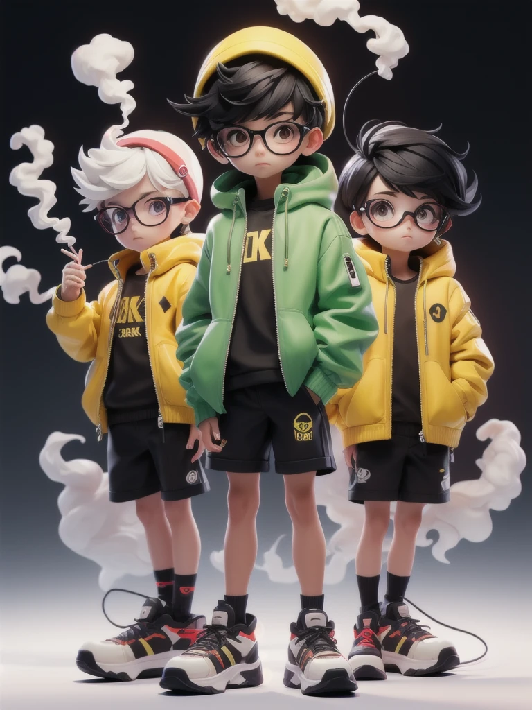 一人in,Looking_in_Audience,green_eye,Simple_background,shirt,black_((blackhairショートヘア)),One person,black、Glasses、blackhair,Are standing,赤Jacket,full_body,male_concentrated,Multicolor_blackhair,shoes,Shorts,mask,black_Shorts,ring,spike_hair,black_background,cigarette,cable,yellow_Jacket,male_child,gas_mask,tube,respirinor,cineminic lighting,Strong contrast,High level of detail,Highest quality,masterpiece,White background,((blackメガネ))、I have a single-lens reflex camera