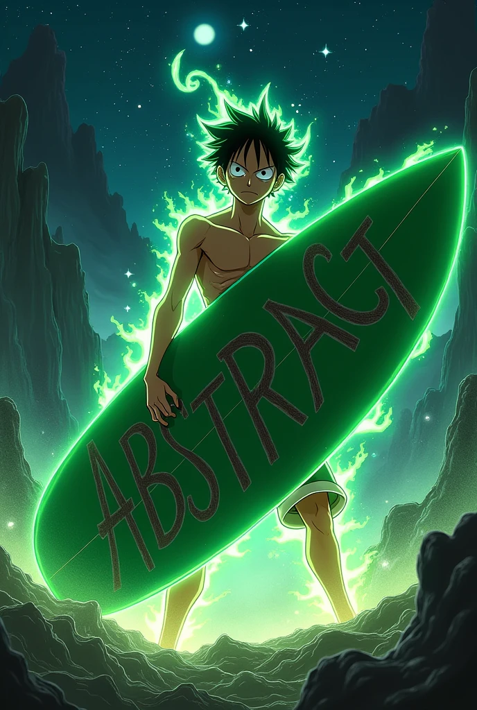 anime: luffy gear 5 holding a green board written a bold ABSTRACT letters on and really designed at night 