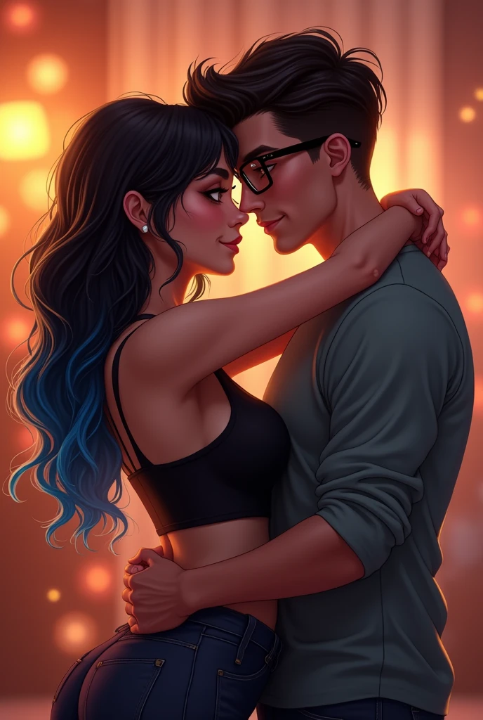 Couple of boyfriends she curvy body big cheeks, big butt, black hair with blue, big brown eyes, light skin with a nose piercing and light skin, he straight hair styled up and small rectangular glasses and wide nose