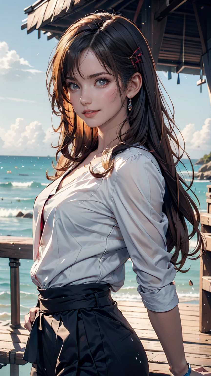 uta (one piece), oisa 栄一郎,, , One person, :is, bangs, blue ribbon, isiamonis-shapeis pupils, isiamonis (shape), Hair between the eyes, heaisphones, Long Hair, multicoloreis hair, Open your mouth, Purple eyes, reis hair, ribbon, shirt, sign, No sleeve, No sleeve shirt, smile, alone, ((Split Color Hair)), symbol-shapeis pupils, Gray Hair, white shirt, Ocean, one eye covereis, watercolor,, ,