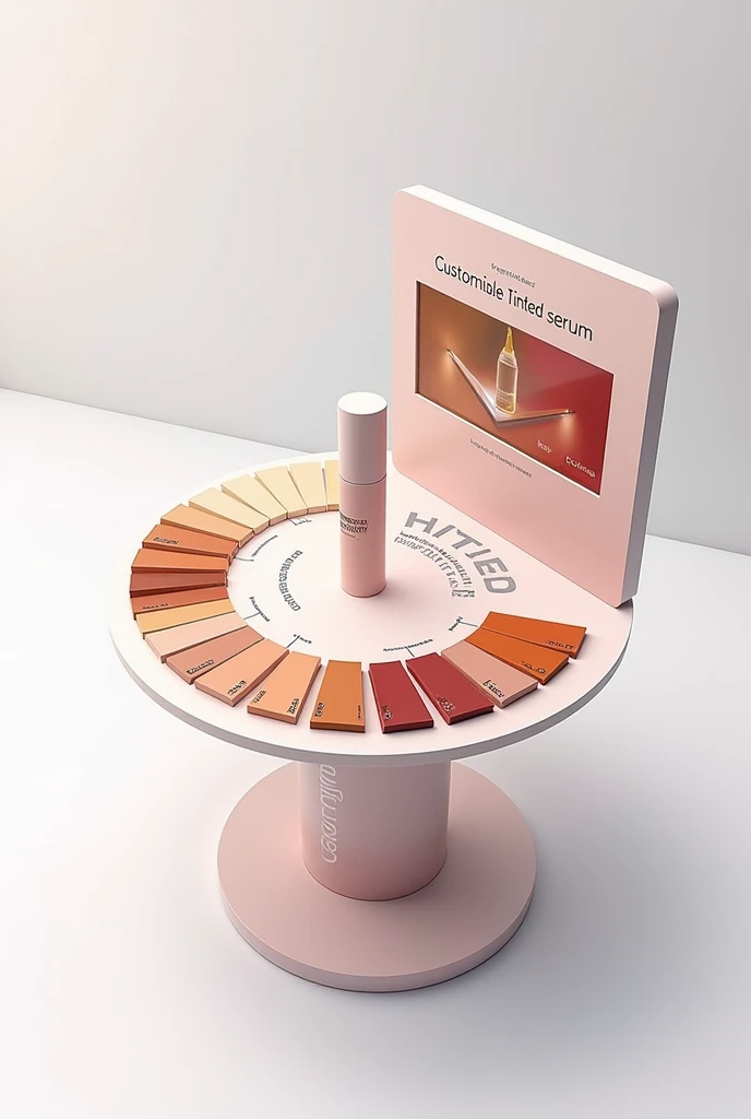 Top view sketch of A sleek, interactive board or a rotating stand with sample swatches.
The Tinted serum can be highlighted in the center with informational text explaining its customizable nature.