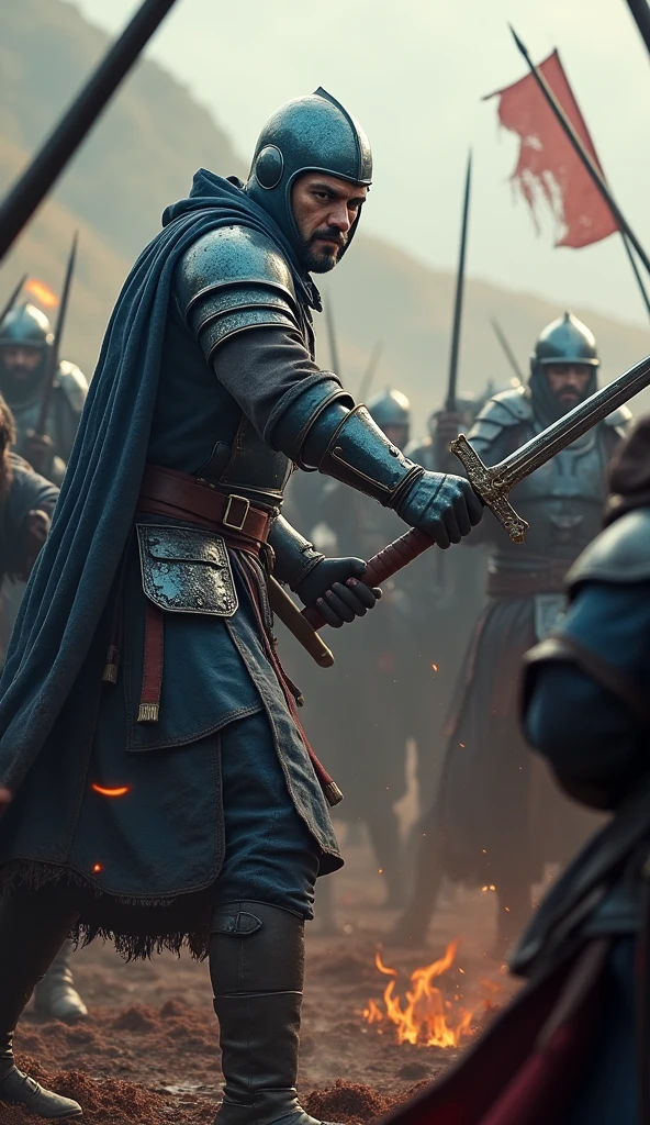 4K, dark fantasy, medieval period, close up faces of a mamluk soldier locks sword wearing bluish color body Armor standing uphill with mongol soldiers with lesser height who standing down hill, both soldiers on a hill slope , camera over the shoulder of the Mamluk soldier looking down to the mongol soldiers, background full of soldiers fighting from both side, Chaos around, bloody war, focus on the two soldiers locking sword with each other and angry and cruel