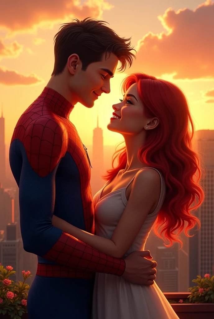 A romantic scene where Peter and Mary Jane meet on a familiar rooftop. The sun is setting, casting a golden glow over them. Mary Jane is looking up at Peter with a smile, while Peter, still in his suit but without the mask, is gazing at her lovingly.