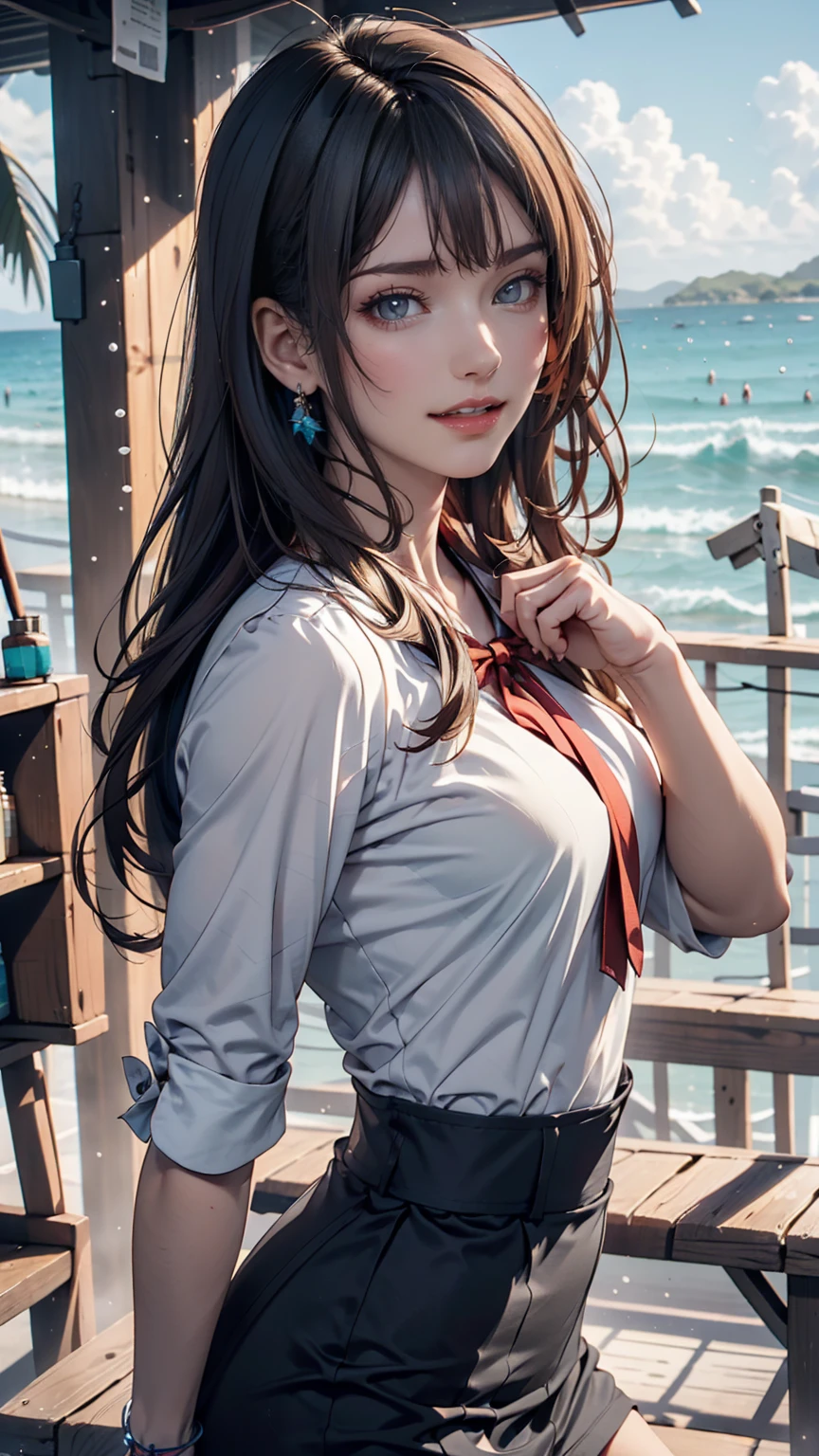 uta (one piece), oisa 栄一郎,, , One person, :is, bangs, blue ribbon, isiamonis-shapeis pupils, isiamonis (shape), Hair between the eyes, heaisphones, Long Hair, multicoloreis hair, Open your mouth, Purple eyes, reis hair, ribbon, shirt, sign, No sleeve, No sleeve shirt, smile, alone, ((Split Color Hair)), symbol-shapeis pupils, Gray Hair, white shirt, Ocean, one eye covereis, watercolor,, , 