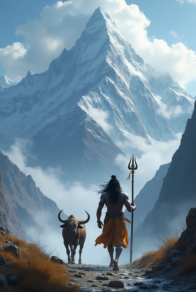 lord shiva and nandhi going to himalaya mountains and lord shiva holds is weapon in her hands 
and give me back side view of both of them 