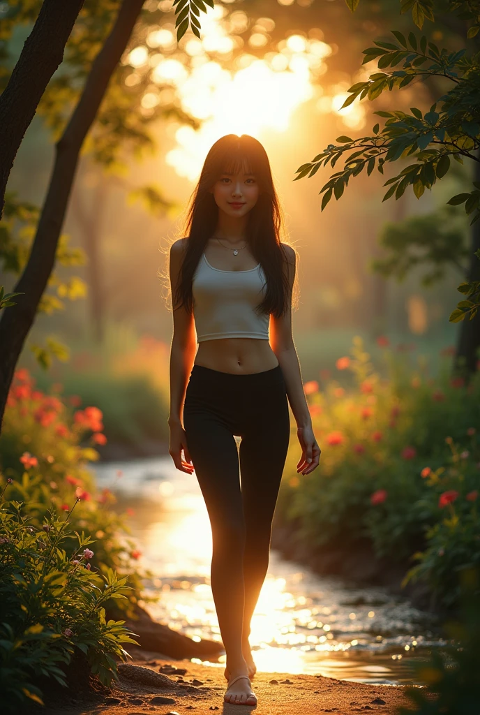 A dynamic shadow play, side view, low shot picture of a pretty young lady, lovely body, half bangs, long straight hair, big eyes, porcelain skin wearing crop top, and fit shirt legging. Walking at garden beside of flowing river at sunset, inviting smile. The shadows and dim light filters by the tree leaves exposing her body figure