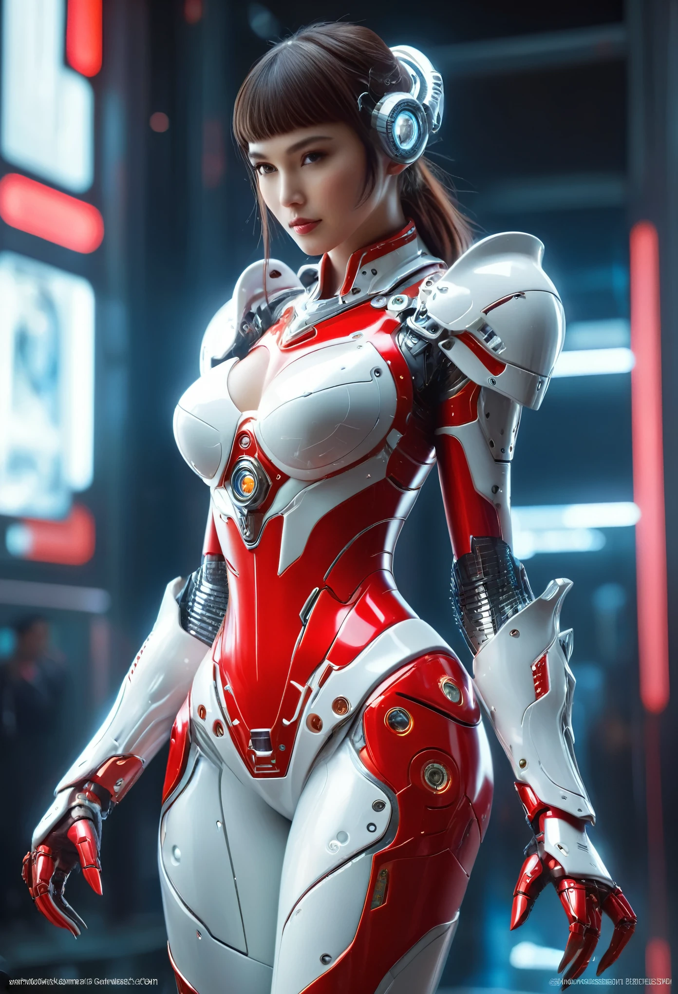 (Best Quality, 4K, 8K, High Resolution, Masterpiece: 1.2), (Super Detailed, Realistic, Photorealistic:1.37), A woman in futuristic clothing, (erotic and sexy:1.4), Trending on cgstation, Trending on cgstation, (Portrait of a girl in the Knights of the Zodiac:1.4), (blunt bangs:1.5), Cute Cyborg Girl, Perfect android girl, Portrait Astronaut Girl, Beautiful girl cyborg, Girl wearing red white mechanical cyber armor, Game CG, cgsociety and fenghua zhong, Beautiful Cyborg Shrine Maiden, Bioluminescence, (Gal Gadot:0.85), Anatomically correct grip, Anatomically correct four fingers and one thumb, (long claws:1.4), erotic and sexy, 