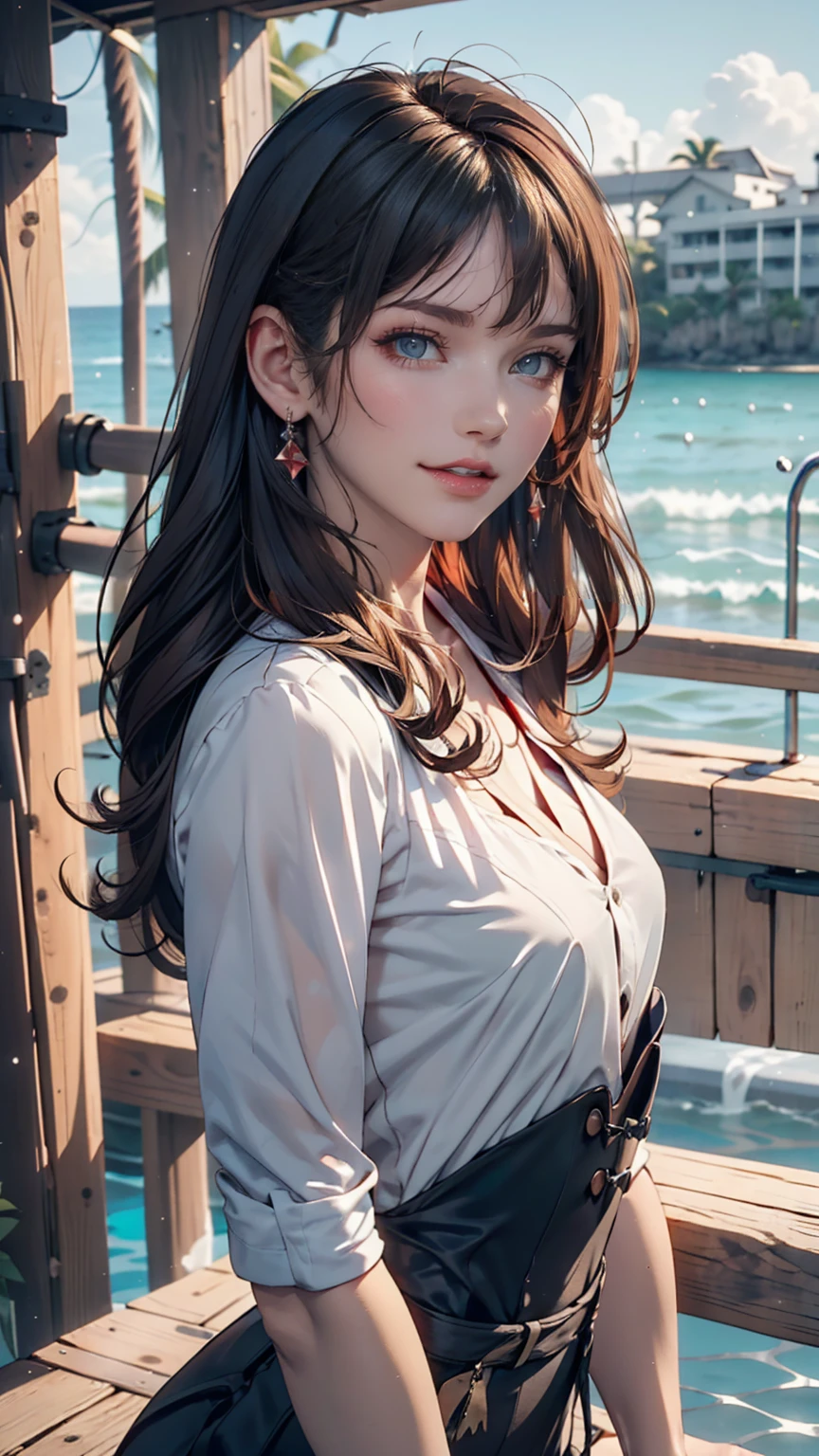 uta (one piece), oisa 栄一郎,, , One person, :is, bangs, blue ribbon, isiamonis-shapeis pupils, isiamonis (shape), Hair between the eyes, heaisphones, Long Hair, multicoloreis hair, Open your mouth, Purple eyes, reis hair, ribbon, shirt, sign, No sleeve, No sleeve shirt, smile, alone, ((Split Color Hair)), symbol-shapeis pupils, Gray Hair, white shirt, Ocean, one eye covereis, watercolor,, ,