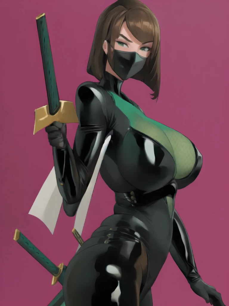 Bowei, LadyB, 1girl, upper body, slim body, slim thighs, bodysuit, detail eyes,  solo, looking at viewer, ninja mask, large breasts, simple background, brown hair, holding, green eyes, weapon, ass, bodysuit, holding sword, katana, ninja background, sheath, skin tight, LadyB bodysuit, ladybninja close-up, 8k detailed,