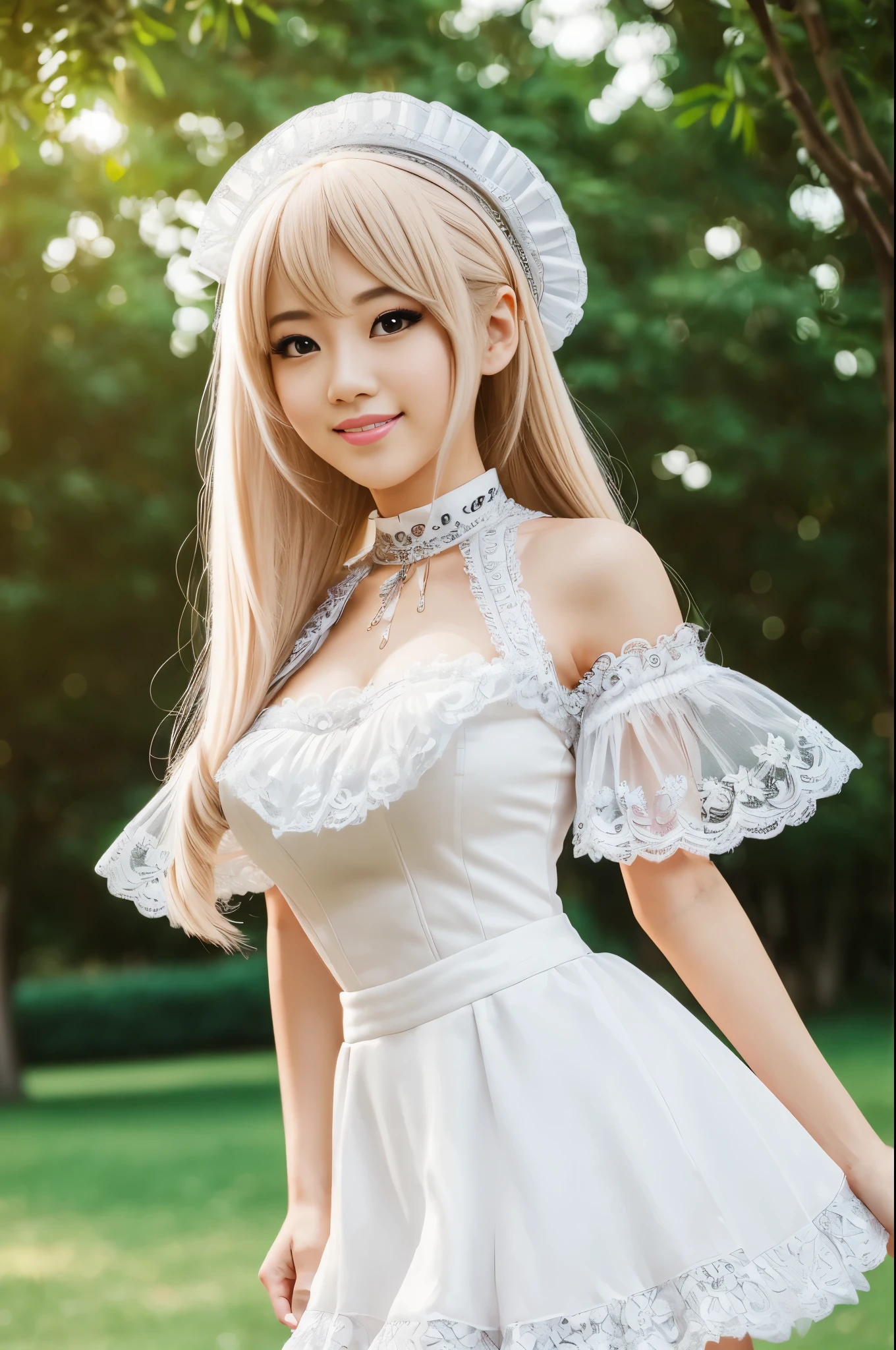 ((Best quality, 8k, Masterpiece, Sharp focus, 35mm lens, f/0.8, amazing beautiful perfect figure :1.4)), side lighting, sexy stylish Asian model, ((bright smile)), ((beautiful detailed Victorian-Style boots)), Highly detailed face and skin texture:1.2, super detailed eyes:1.2, super detailed skin, shiny skin:1.2, Blushing ,long lashes:1.2, high-fidelity bangs, brilliant light blonde long random hairstyle, ((sexy Paradise Kiss cosplay)), bell-shaped skirt, petticoats, high neckline, puffed sleeves, (( ultra detailed lace)), ((ultra detailed embroidery)), intricate details, Paradise Kiss accessoires and matching headpiece, choker, ((large sparkling Paradise Kiss jewelry)), cinematic light, detailed large park background with trees