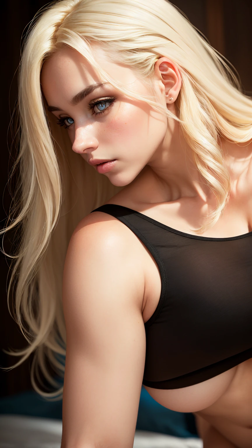 young girl,,hanging tits,blonde,arched back,big plastic ass,doggystyle,side view,messy hair,freckles,1boy,1girl
