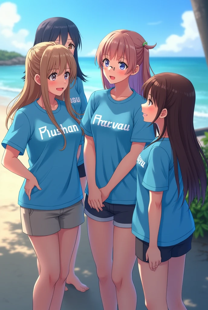 4 girls talking with each other near beach wearing blue shirt and design on their shirt is their names one girl name is MUSKAN another one name is HARSHU and another one name is SHIVUU and last one name is SHIZUKA