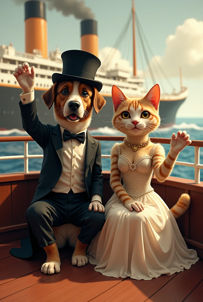 Dog and cat is riding a titanic