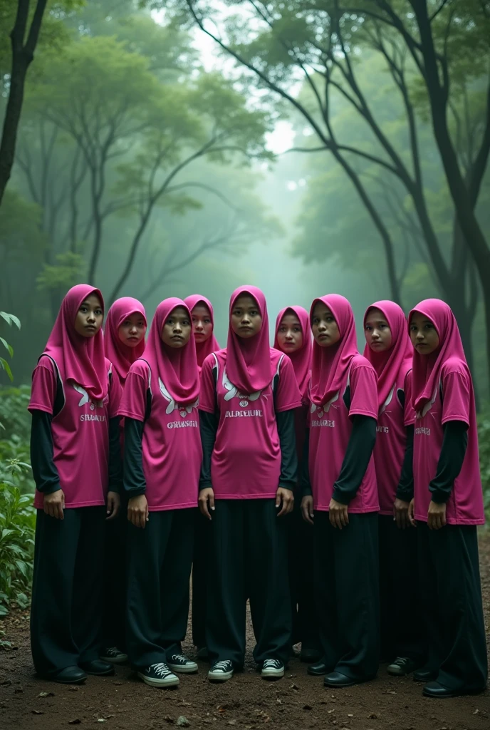 (Photography)(dynamic) A group of 10 young Malay women's netball team wearing matching pink n black jersey, they wearing sport hijab, jersey and bootcut. They trapped as hostage in forest