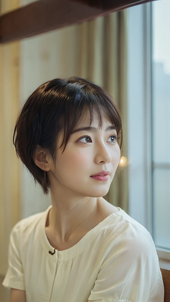Japanese 40year old woman 、Bust up images、Short Hair、double The whole picture clear
古いApartment room background、Sitting、とても悲しそうな顔、口を開けている、涙が溢れている、Close-up of face、Tears flowing、Gazing into the distance、Plain summer short-sleeved shirt、