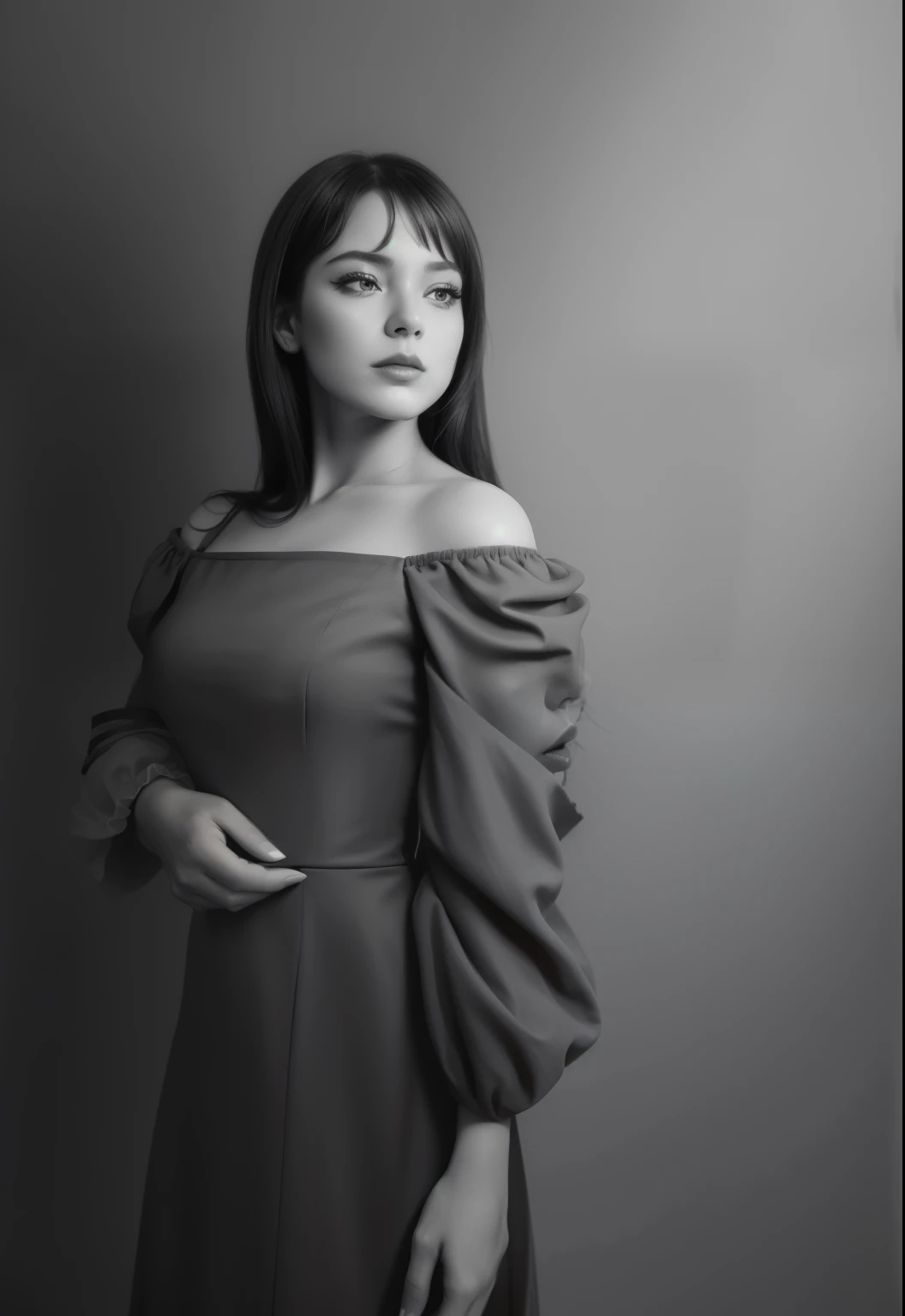 a black and white photo of a woman in a dress, fashion portrait photo, editorial portrait, dramatic serious pose, photoshoot portrait, black and white portrait, portrait black and white, studio photography portrait, high quality portrait photoshoot, grayscale photo with red dress, casual pose, fashion portrait, candid portrait photo, studio portrait photo, fine art portrait photography, portrait pose