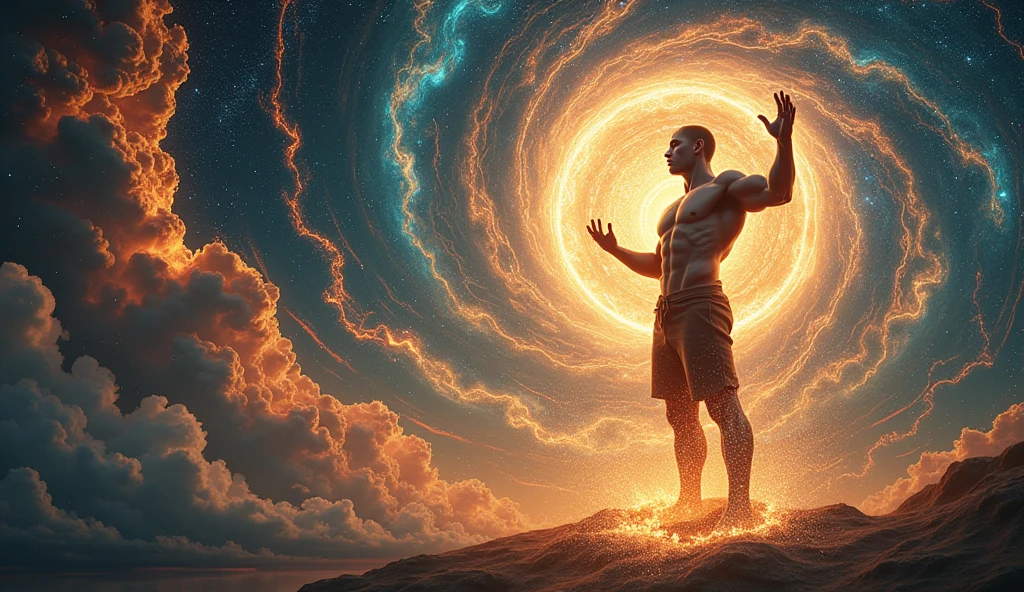 Generate an ultra-realistic image of sigma male controlling his inner energy. The man is positioned on the right side of the image, surrounded by mystical glowing light and cosmic patterns, similar to a powerful aura. Energy radiates from his hands and mind, connecting to the universe with vibrant streaks of light, stars, and galaxies. The scene blends spirituality with modernity, creating a harmonious visual of deep meditation and cosmic connection.