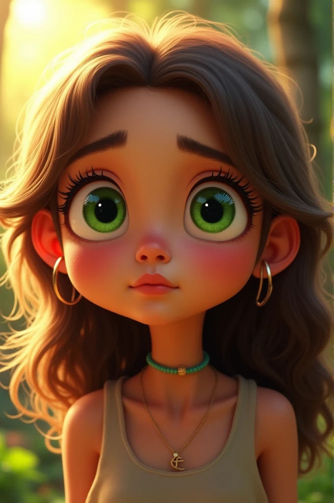 I want a character with four different eye expressions, green eyes, brown hair, brown skin color, cartoon style