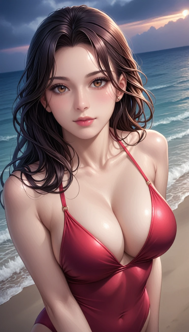 score_9, score_8_superior, score_7_superior, High-resolution CG illustration,A masterpiece in 32K resolution,Highest quality,it is really amazing,Very detailed,Ultra-high resolution,Ultra-realistic,Realistic,Increased depth of field,Cinematic lighting,
Sexy mature Japan woman,
Straight long hair with black hair,Showing his forehead,Ultra-detailed and beautiful face,Calm and gentle look,Beautiful brown eyes,Glossy, moisturized skin,Translucent white skin,Realistic skin texture,Great proportions,
Elegant red swimsuit,
Simple design,Chic color scheme based on red,Detailed fabric texture,
(Dark overcast sky on a dull night:1.1),(Dark clouds filling the sky:1.1),Thundercloud,Coastline at night,Stormy seas,delay々A desolate sandy beach that continues,
(Beautiful cleavage:1.1),(High angle:1.1),