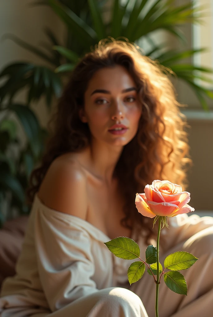  wearing loose off-shoulder top, pajama pants, long curly hair, indoors, soft lighting, plants in background, rose with sunlight, cozy zoo, 