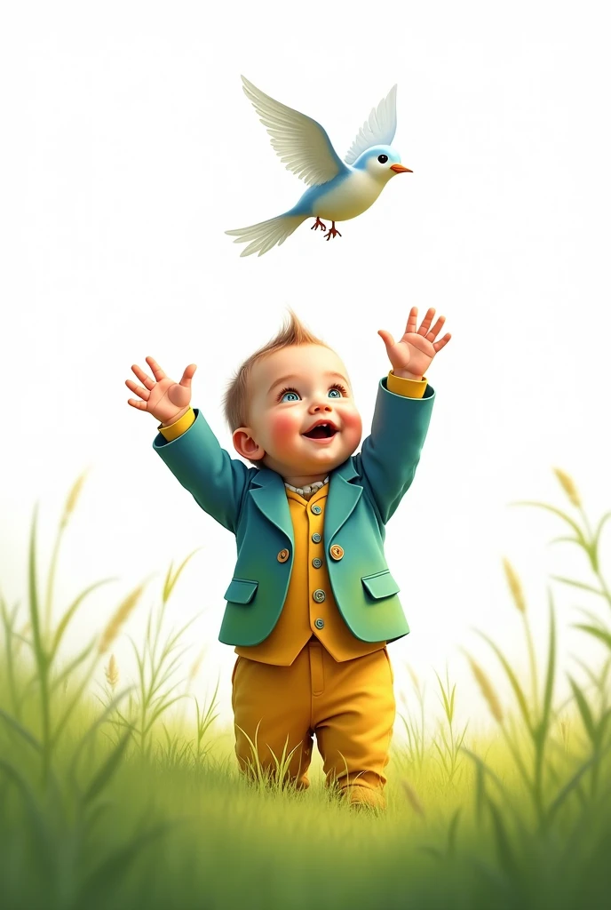 white background, boy,waring colorful suit ,stand on grass,rais his hands,looking at flying little bird
