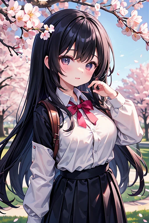 A middle school student stands under a large cherry tree、Many cherry blossoms are scattered in the air、Shooting from a distance、Long black hair、Big Breasts