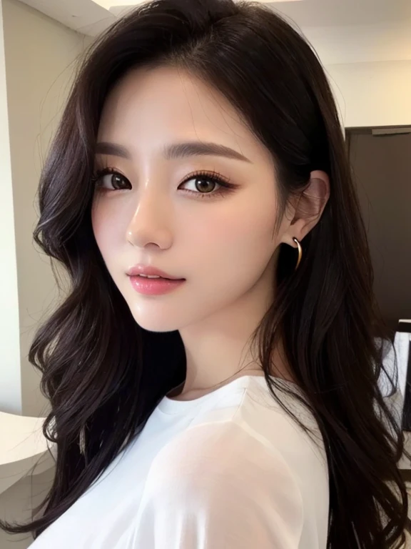 masterpiece、Highest quality、Realistic、超High resolution、High resolution、16k wallpaper、Very detailed、Finer details、Bright studio lighting、50-year-old woman、Realistic Skin、((Dark Eyes))、Thin lashes、Mouth Details、Translucent white skin、Platinum Gold Earrings、a woman with long hair and a white shirt posing for a picture、Zwei'Tzuyu Mature Woman、 Popular Korean makeup 熟女, Beautiful Korean Women 熟女, かわいいKorean, BeautifulKorean woman 熟女, ワン愛らしいKorean顔, Jaeyoung Nam, With a cute face, Korean, Korean facial features