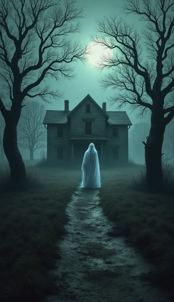 A dark, haunted farmhouse surrounded by gnarled trees, with a ghostly figure lurking in the shadows.