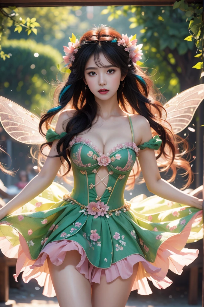 fairy dress sweet girl, Multi-colored hair,Striped hair,Cross Bangs,Messy hair,Colored contact lenses,Flower-shaped pupil,make up,shy,Blush,Parted lips,Heavy breathing,moan,torogao,Surrealism,Realism,Movie Lighting,Relief,Sony FE GM,Retina,masterpiece,precise,Anatomically correct,Textured Skin,Super Detail,High Detail,best quality,Beautiful dance dynamics, Bright pastel colors, Visible cleavage, Pretty and beautiful, Sexy long legs, Ethereal,Mixing reality and fantasy elements, Complex patterns, rich and colorful