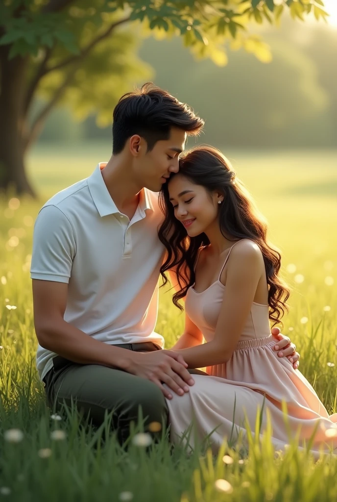 Real Pinay pinoy couple with man handsome polo shirt white and women beautiful dress standing nature grass The man was lying on the woman's thigh while the woman was kneeling front of camera