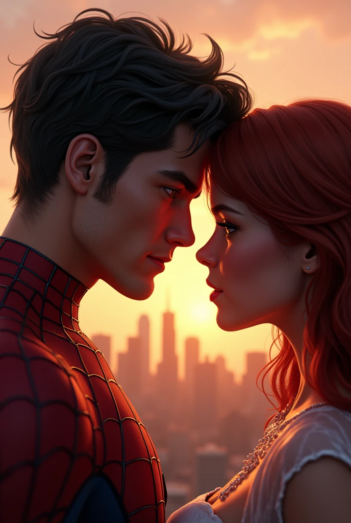 Close-up of Peter taking off his Spider-Man mask, revealing his face to Mary Jane. Their expressions show vulnerability and love, with the city skyline in the background, bathed in the last light of the day.