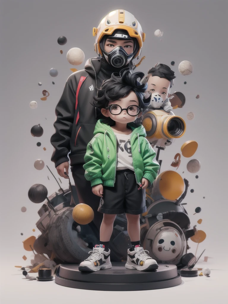 一人in,Looking_in_Audience,green_eye,Simple_background,shirt,black_((blackhairショートヘア)),One person,black、Glasses、ショートblackhair,Are standing,赤Jacket,full_body,male_concentrated,Multicolor_blackhair,shoes,Shorts,mask,black_Shorts,ring,spike_hair,black_White_Jacket,male_,gas_mask,respirinor,cineminic lighting,Strong contrast,High level of detail,Highest quality,masterpiece,White background,（(blackメガネ))、I have a single-lens reflex camera