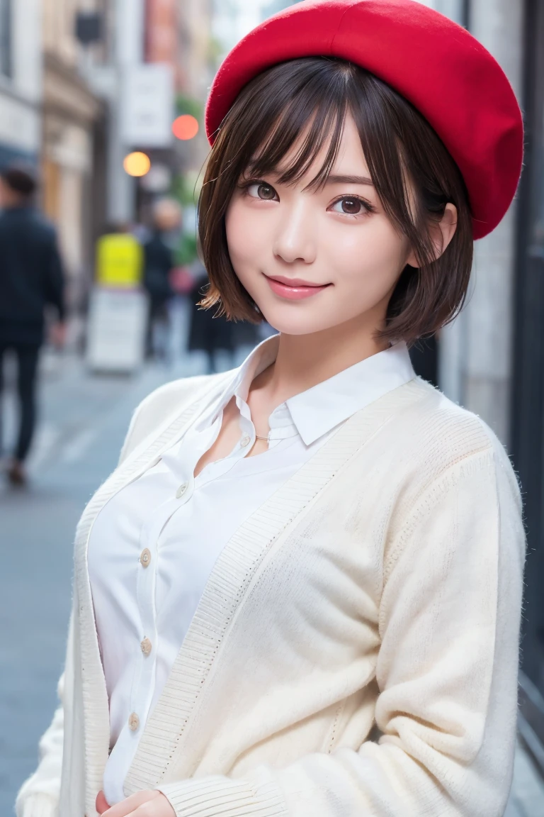 One Woman, (Beautiful woman, Delicate woman:1.3), (Age 25:1.3),
break, (White blouse:1.3), (Cream colored cardigan:1.3), (Red Beret:1.3),
break, Definition of very fine particles, (Symmetrical eyes:1.3),
break, (Street Snap:1.3), 
break, Ample breasts, iris, bangs, Brown Hair, (short hair:1.3),
break, Happy smile、(Eye and facial details:1.0),
break, (masterpiece, Highest quality, Very detailed, Detailed face, 8k)