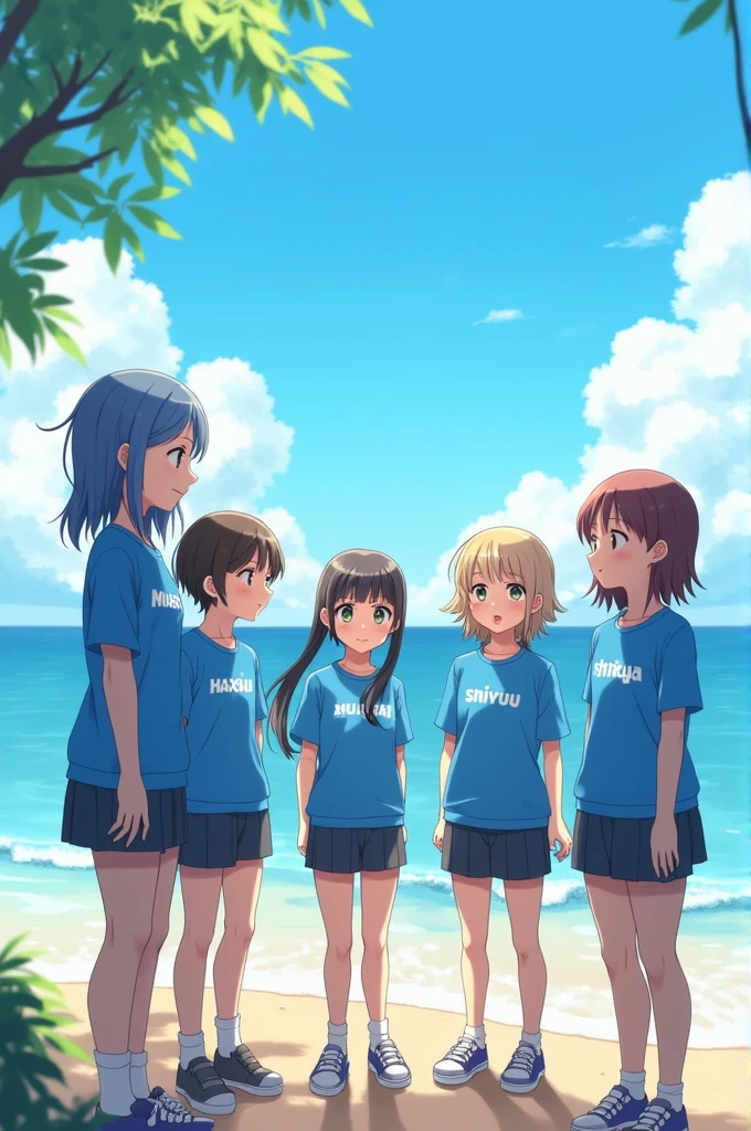 4 girls talking with each other near beach wearing blue shirt and design on their shirt is their names one girl name is MUSKAN another one name is HARSHU and another one name is SHIVUU and last one name is SHIZUKA