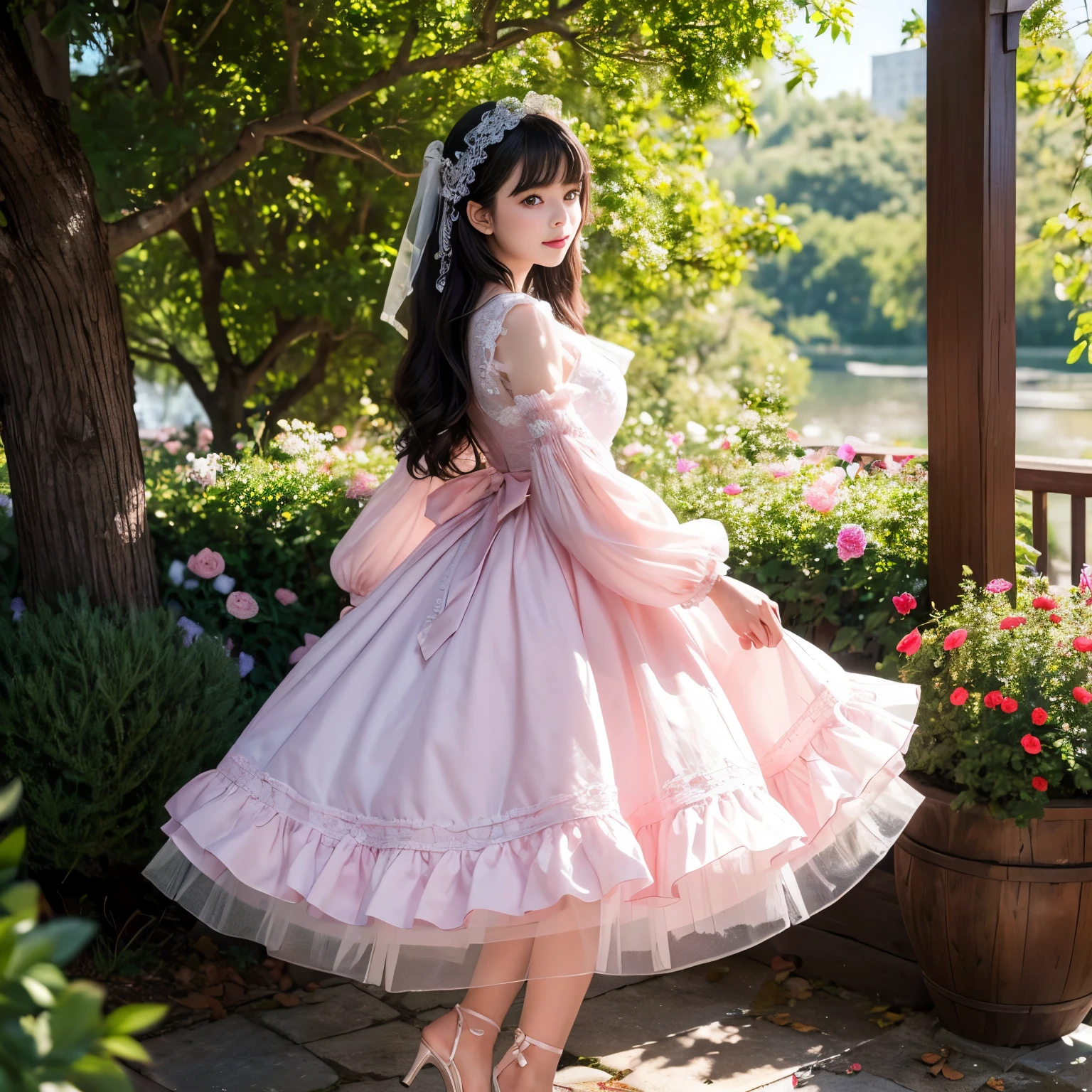Side view,side angle, Bow tie at the back of the waist, There is a bow on the back，Sideways photo, Skirt length to calf, cupcake dress, Layered skirt with lace on each layer, Put on a lolita dress, layered dress, Pink Lolita dress, lots of lace, Long sleeve, Wide sleeves, Big Skirt, Layered lace skirt, Lace skirt，Puff sleeves, Wide sleeves, Transparent sleeves, intricate details showcase the ruffles and intricate designs of the Lolita dress, Wearing a lolita dress, in a sea of flowers, best quality, Delicate face，beautiful visual work, lifelike, eternity, black hair, Long curly hair, blunt bangs, Smile, Detailed Background, Delicate face，blush，cold，((masterpiece))、(top quality)、8k、high detail、Super detailed，41 years old，woman， masterpiece、born、Scenes resembling fairy tale illustrations、intricate details和複雜的設計、Beautifully、magic、capricious、 Beautifully、Dream aesthetics、「𝓡𝓸𝓶𝓪𝓷𝓽𝓲𝓬、ethereal、charming、fickle、magic」、realism、Visual effects、FXAA、SSAO、Shader、voiceless、ambient lighting、Tone mapping、High resolution、Ultra high quality、Million pixels、(8K resolution:1.10)、8k、8k以下、8K resolution、high detail、intricate details， (high quality:1.2、masterpiece:1.2、:1.21)、(41 years old，woman:1.21)、(興奮地Smile)、(Surrounded by a dreamy atmosphere、Model diagram，full-body shot，Normal 2 feet，Put your hands behind your back，Breast protrusion visible when wearing clothes, Large Breasts, H cup chest, pink dress, Don't show your fingers, full-body shot， full-body shot，full-body shot，full-body shot，full-body shot，full-body shot，full-body shot，full-body shot，Hands hidden in clothes, Hands hidden in clothes,Hands hidden in clothes,Hands hidden in clothes,Hands hidden in clothes,Hands hidden in clothes,Hands hidden in clothes,Hands hidden in clothes,Hands hidden in clothes, ,Hide your hands in your sleeves ,Hide your hands in your sleeves ,Hide your hands in your sleeves ,Hide your hands in your sleeves ,Hide your hands in your sleeves ,Hide your hands in your sleeves ,Hide your hands in your sleeves ,Hide your hands in your sleeves,skirt length to calf, full body photo,full body view,side view