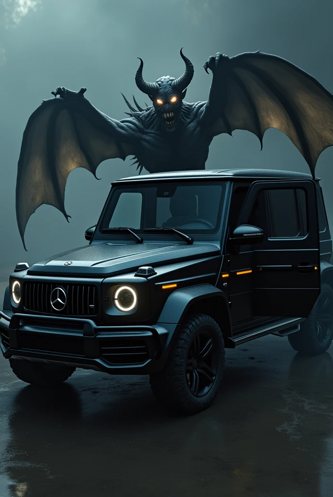 A black g wagon and a devil coming out the door of g wagon