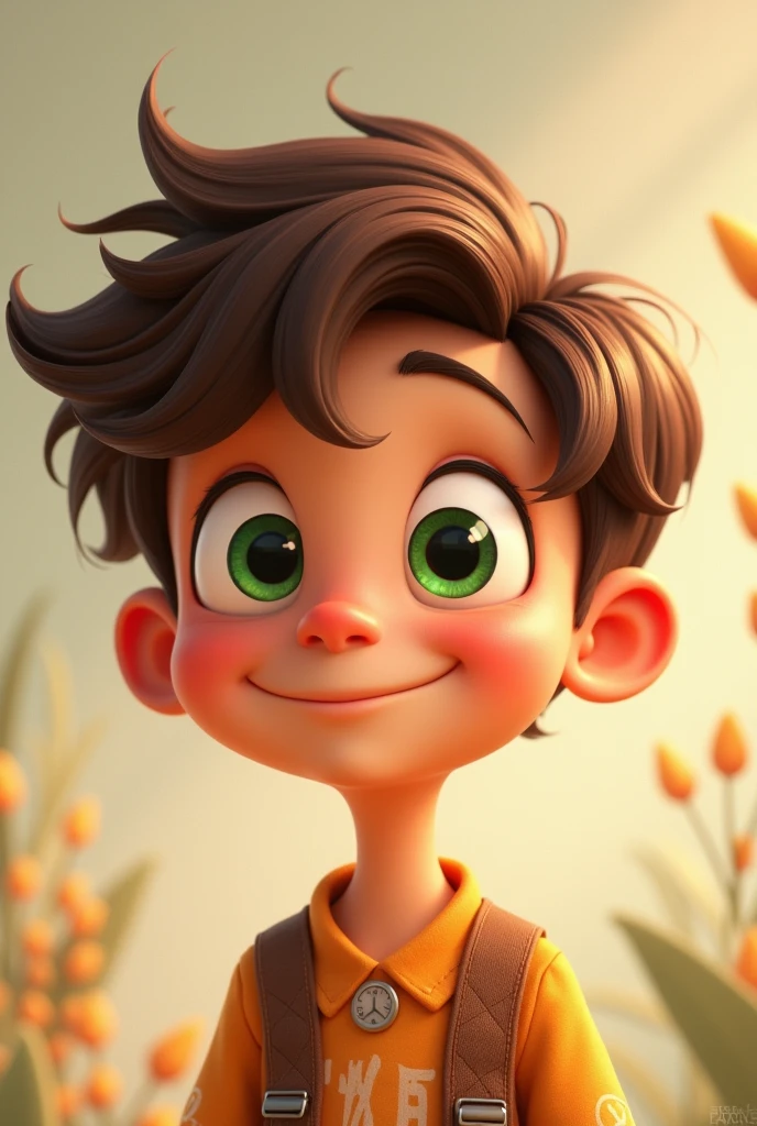 I want a character with four different eye expressions, green eyes, brown hair, brown skin tone, cartoon style, male.