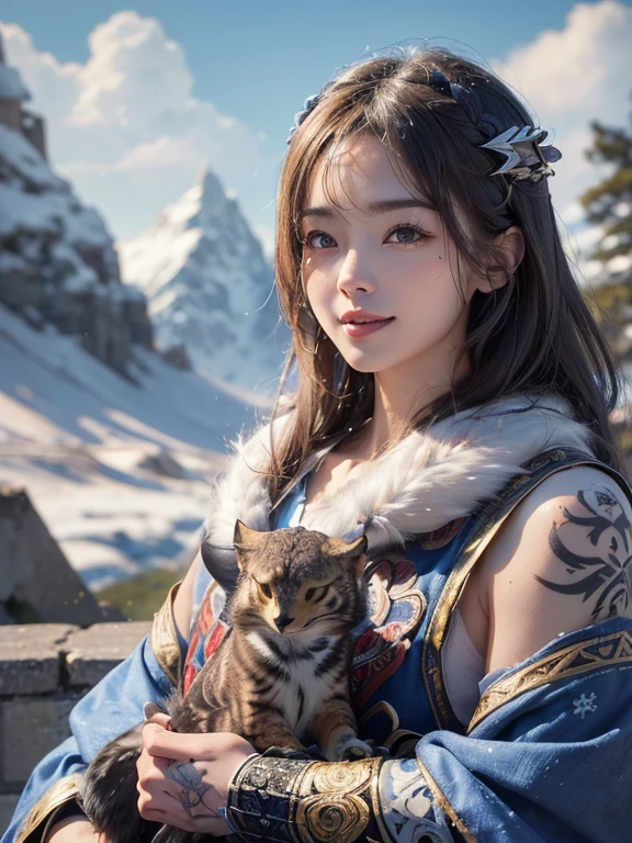 Hiding in the snowy mountains、Hair Flow、 ((Highest quality、masterpiece、8k、Best image quality、Ultra-high resolution、Award-winning works)、(Accurate anatomy:1.1)、(Look at me and smile:1.1)、Shining fair skin with Ultra-high resolution、The most detailed face、Ultra-high resolution detailed face、Ultra-high resolutionの髪の毛、(Ultra-high resolutionの煌めく瞳:1.1)、Beautiful face drawn in every detail、(Blurred Background:1.1)、Ancient Inuit clothing, Chest to chest, tattoo, Old ruins in the background、He's huge, a real hawk perched on his shoulder..