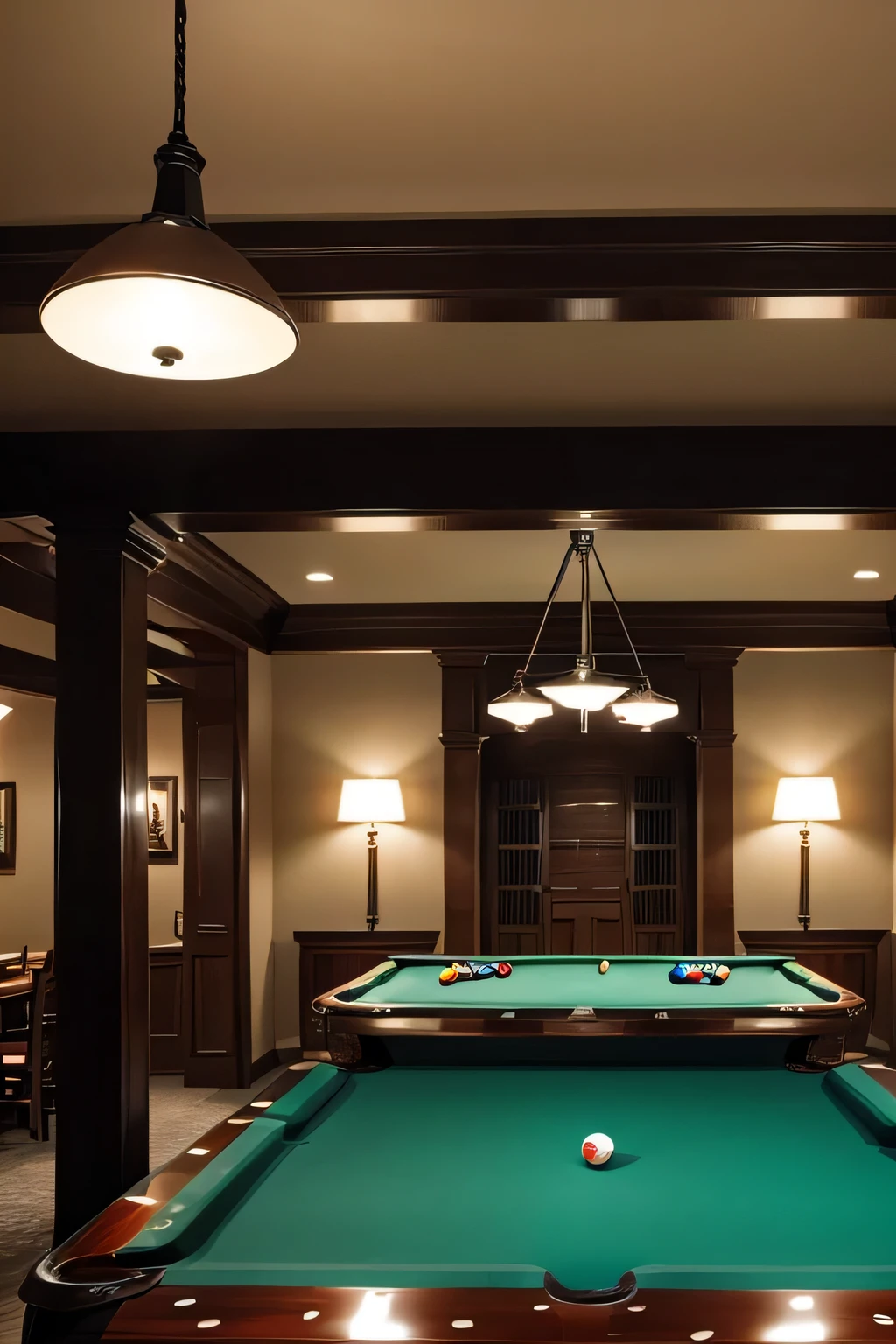 Pool table，There are beautiful women playing billiards in the distance，Billiard room，Western faces