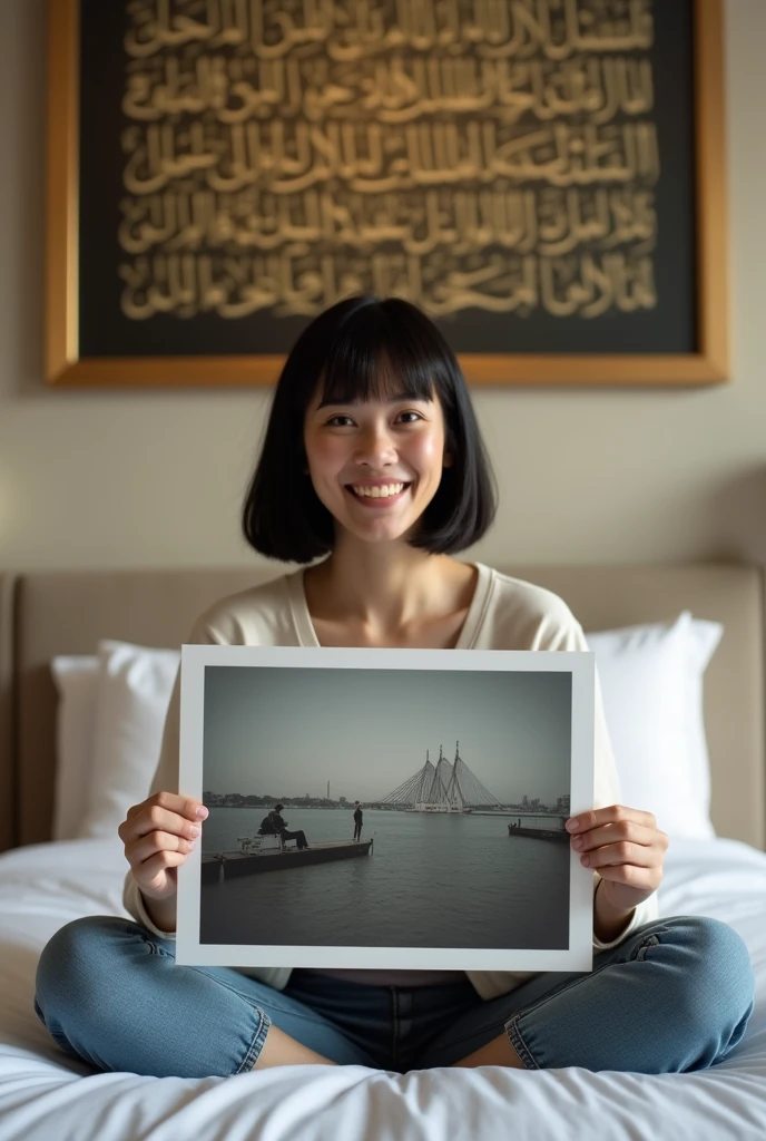 Une femme brune. Les cheveux raides, pas longs, de couleurs noirs. Un peu volumineuse de forme physique. Assise dans une grande chambre d'hôtel, sur un lit de l'hôtel, souriante, la tête droite, le regard droit fixé vers l'avant, portant dans ses mains une grande photo qu'elle montre bien vers l'avant de sorte que la photo qu'elle montre soit un peu décollée de sa poitrine et derrière elle, accroché sur le mur, un tableau avec des écritures en arabe bien lisible.