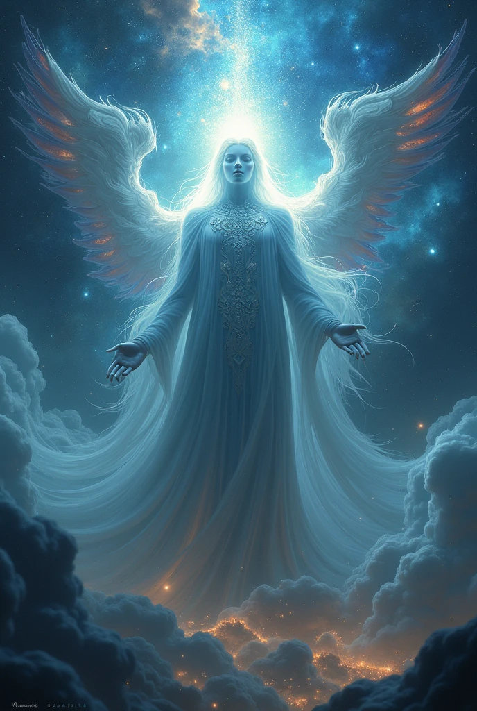 A white religious figure with a disproportionate body shape with multiple eyes and multiple wings, with the universe, its stars and galaxies as background image.